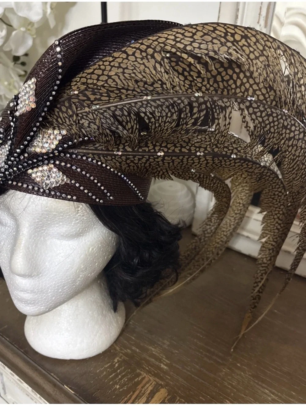 Crystal-Trim Brown Feathered Cocktail Hat